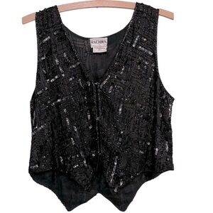 Vintage Rachna Black Beaded Sequins V Neck Vest Sz S